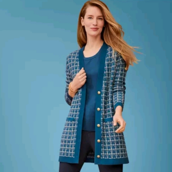 Talbots Merino Wool V-neck Cardigan blue textured plaid - Picture 1 of 10
